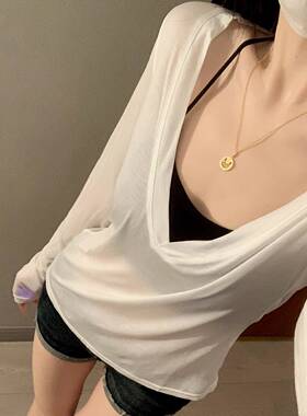 纯欲风辣妹白色薄款V领长袖T恤女夏季新款慵懒风宽松防晒罩0522e