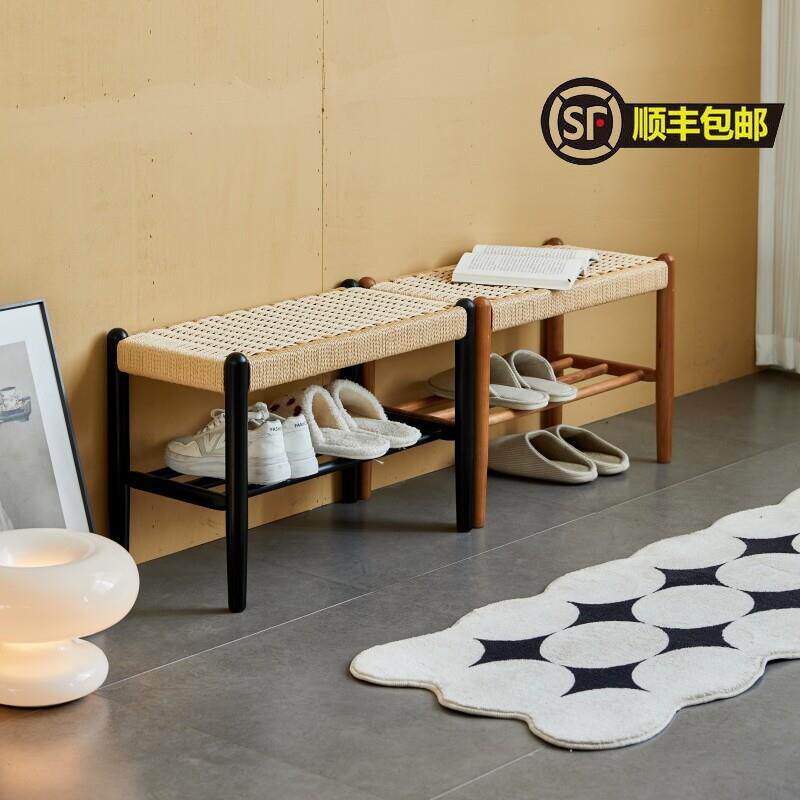 YiGe换鞋凳樱桃木实木黑胡桃木矮凳收纳凳入户门双层鞋架脚踏凳