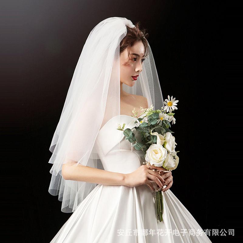 新款白色新娘头纱遮面多层短款韩式素纱婚纱影楼拍照头纱蓬蓬款