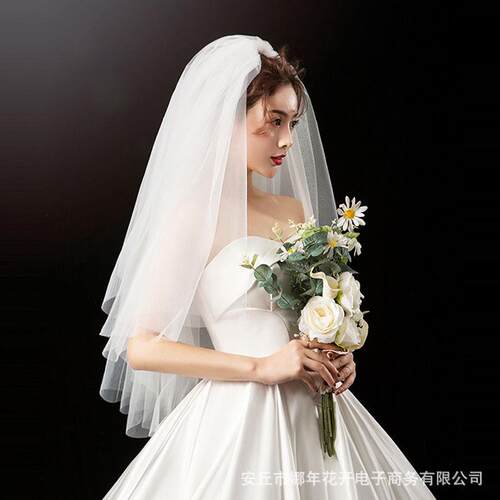 新款白色新娘头纱遮面多层短款韩式素纱婚纱影楼拍照头纱蓬蓬款