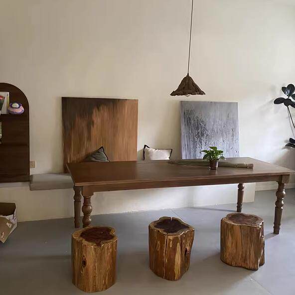 美式乡村餐桌组合实木桌复古做旧拉丝松木餐桌茶几餐厅简约长方w&