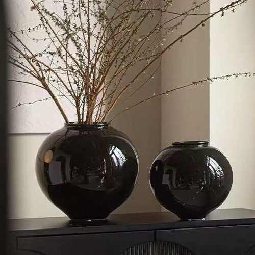 日式黑色陶瓷花瓶感新中式插花花器简约复古装饰民宿陶罐摆件饰品
