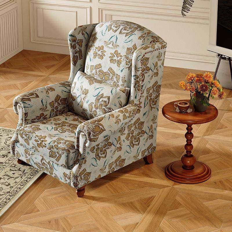 美式布艺老虎椅 单人木质沙发覆古客厅休闲椅子卧室高背老虎凳
