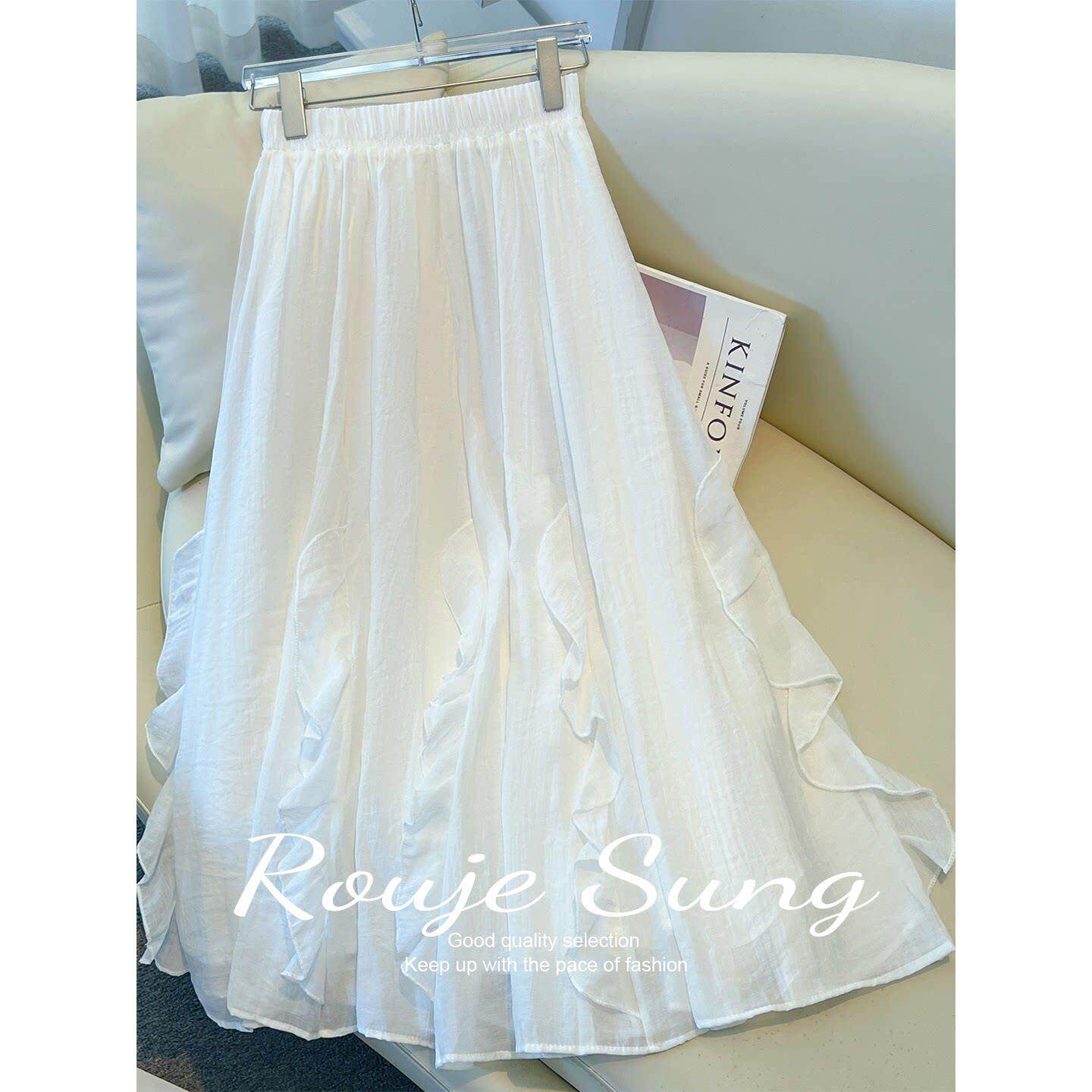 ROUJE SUNG白色蛋糕裙半身裙女春夏季小个子垂坠感超仙a字长裙子