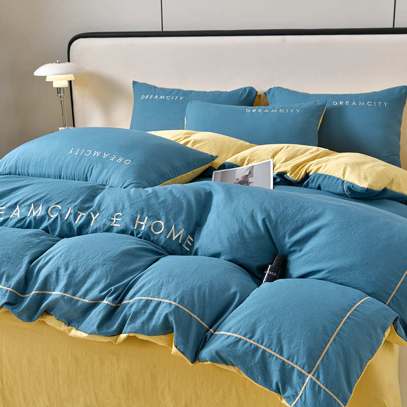 轻水洗学生件套四床上用品床单棉三件套被套宿舍奢刺绣纯色