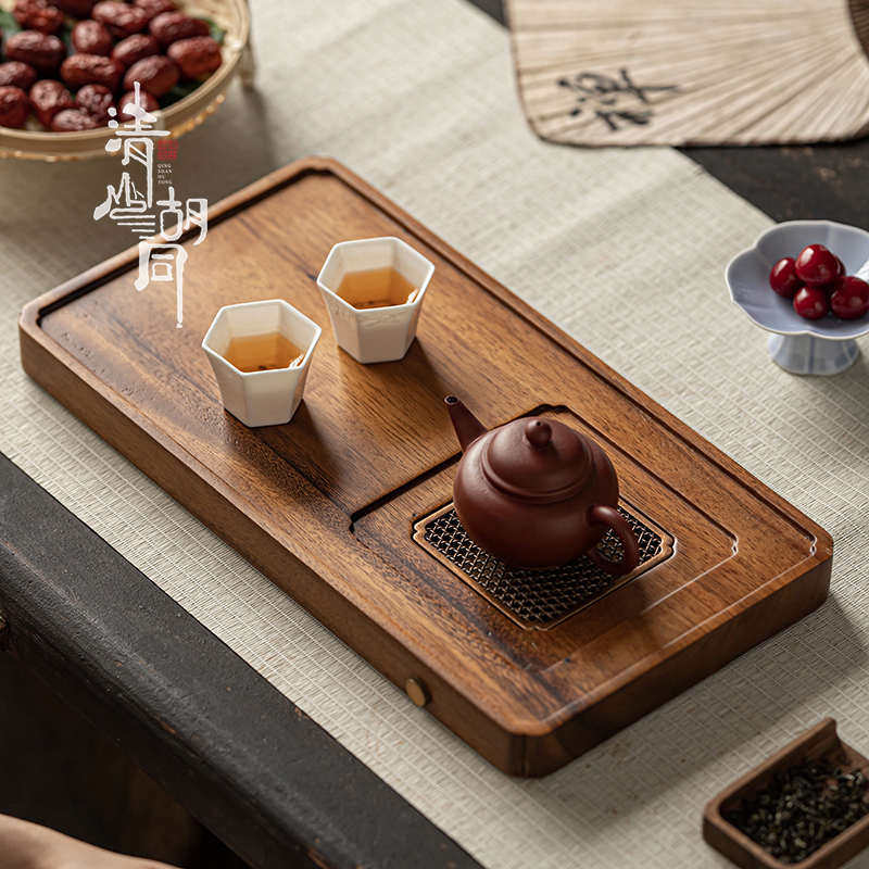 简约中式茶盘办公室实木干泡台功夫茶具托盘长方形排水式复古茶台