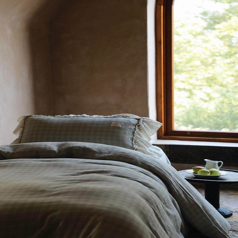 法式全棉水洗云绉色织双层纱床上用品四件套100纯棉四季花边被套