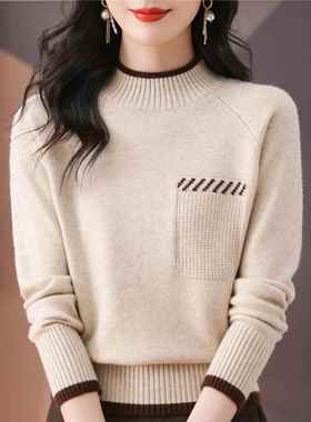 MONLOUVE红色半高领衫女秋冬新款加厚撞色拼接宽松百搭短款针织衫