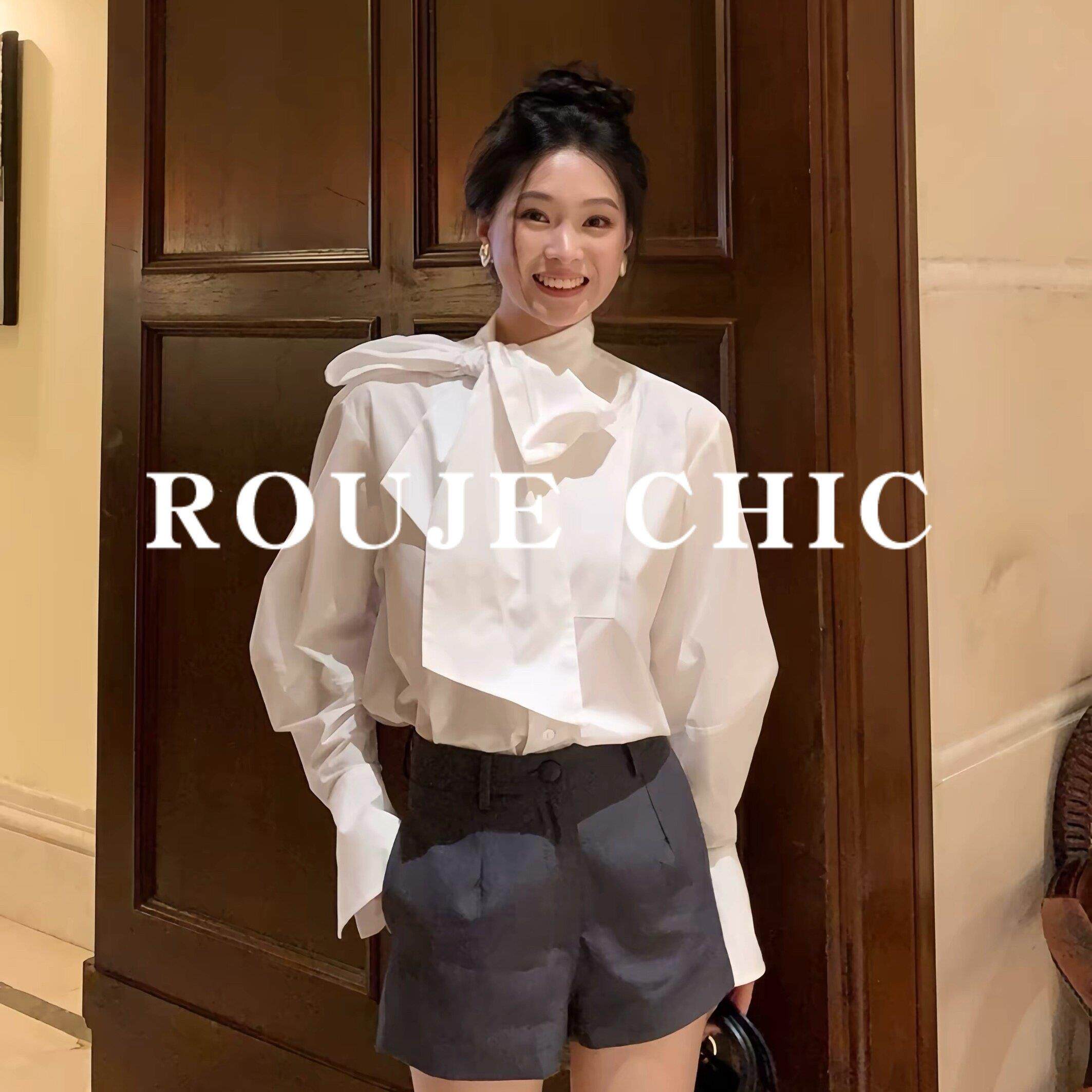 法国rouje chic法式温柔风大蝴蝶结飘带衬衫女早春立领泡泡袖上衣