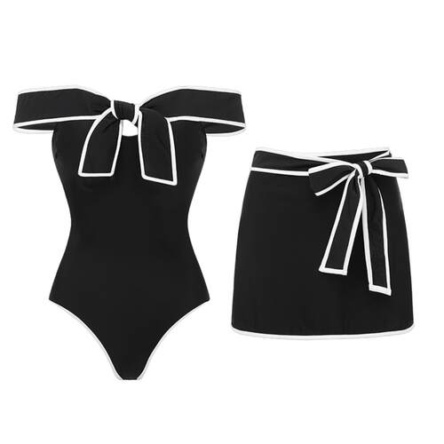 Black and white color blocked strapless one-piece swimsuit