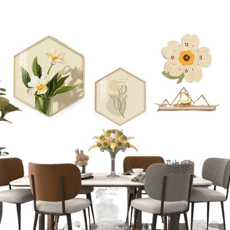 麓r餐厅装饰画晶瓷小清新组合挂画创意花朵挂钟饭厅背景墙面六边图片