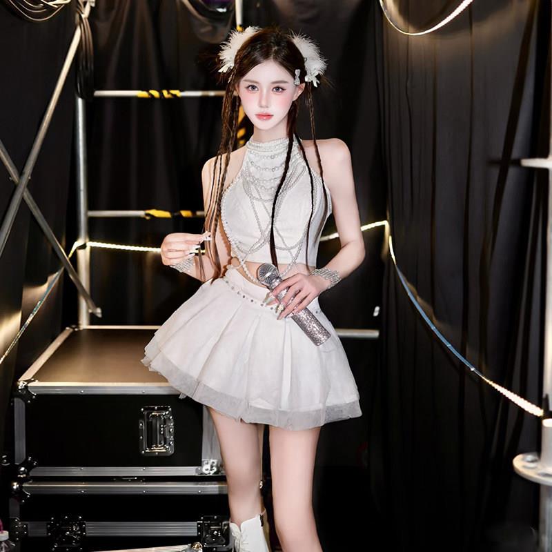金智妮同款珍珠挂脖套装舞蹈演出服韩国kpop女团酒吧白色打歌服