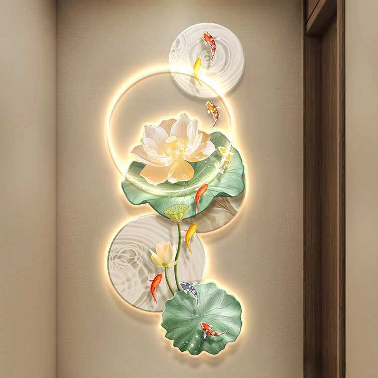 九鱼图玄关装饰画高级感现代轻奢走廊过道挂画入户荷花带灯玄关画,家居饰品,现代装饰画,淘宝优惠券,粉丝福利购,淘宝优惠卷
