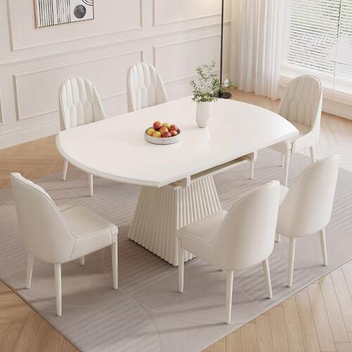 现代简约岩板餐桌椅组合可伸缩圆形饭桌方圆两用白色简约款饭桌子