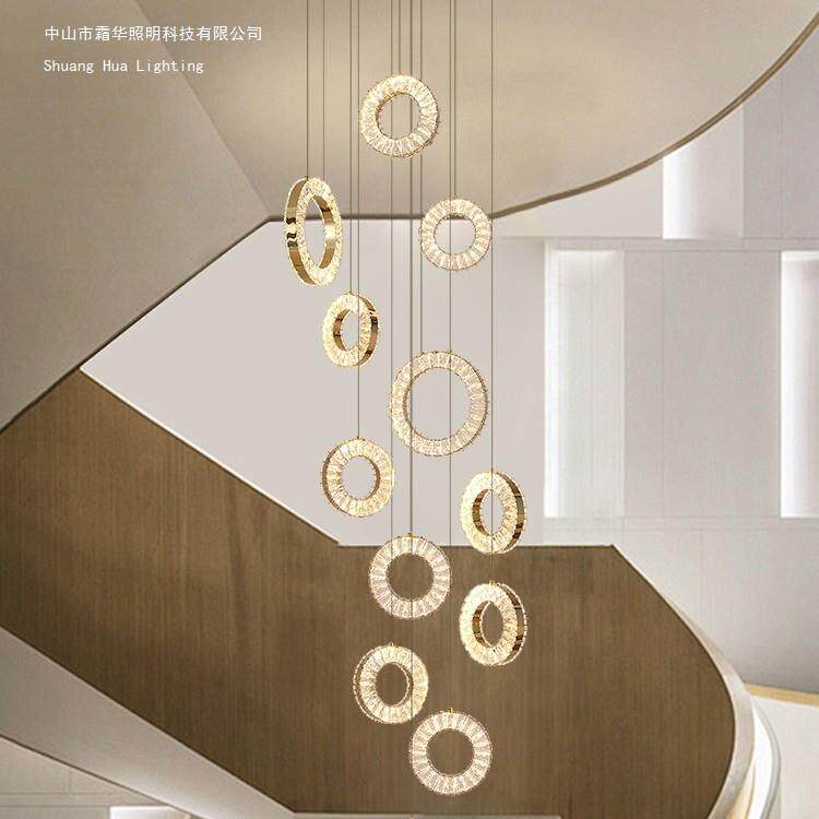 复式旋转楼梯长吊灯客厅中空别墅简约现代轻奢酒店水晶圆环吊线灯