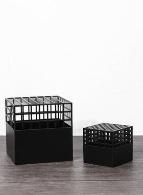 现代简约黑色网格镂空摆件家居装饰品样板间客厅几何金属方形摆设