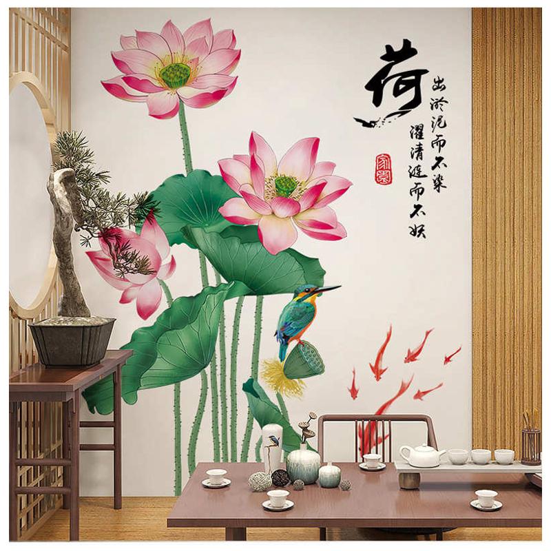 中国风中式创意古风墙面贴纸入户门玄关背景墙壁装饰荷花贴画自粘图片