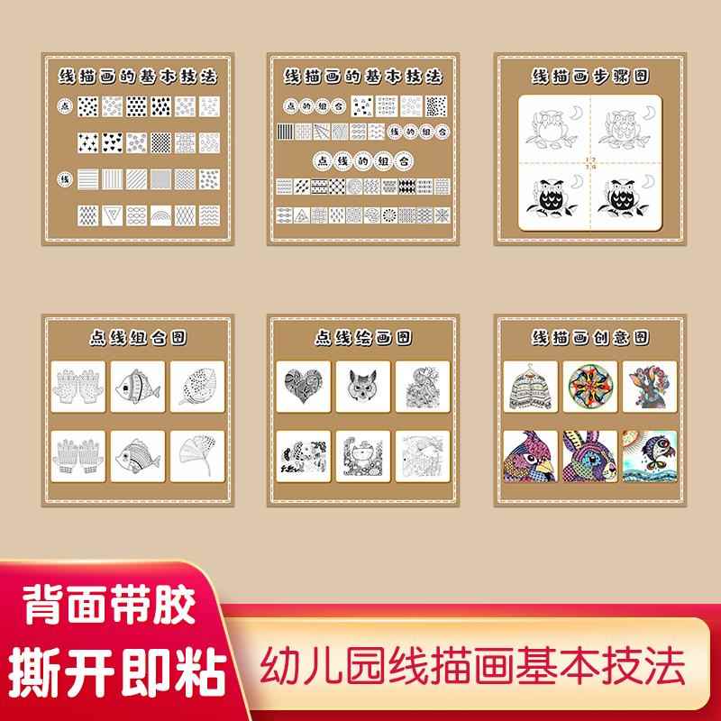 幼儿园美工区角环创布置美术角装饰墙贴线描画基本技法展示样稿图