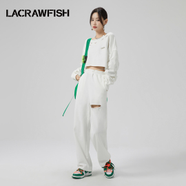 曹曦月同款LA CRAWFISH辣妹露肩挂脖链条卫衣破洞休闲运动套装女