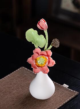 手工捏花陶瓷莲花花瓶仿真荷花摆件家居装饰创意礼物白色花瓶供佛