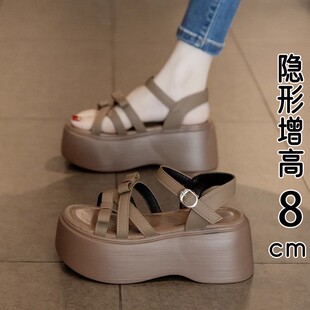 香港真皮法式厚底增高凉鞋女夏外穿2025新款爆款配裙子坡跟沙滩鞋