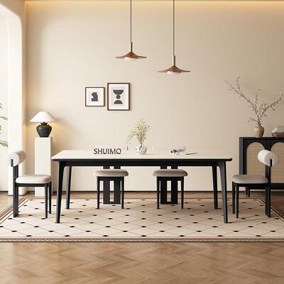 德利丰实木岩板洞石餐桌黑色白蜡木客厅家用小户型现代简约饭桌椅