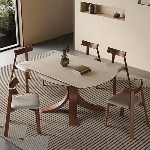 洞石实木伸缩餐桌圆形家用小户型折叠桌子现代简约方圆两用小户型