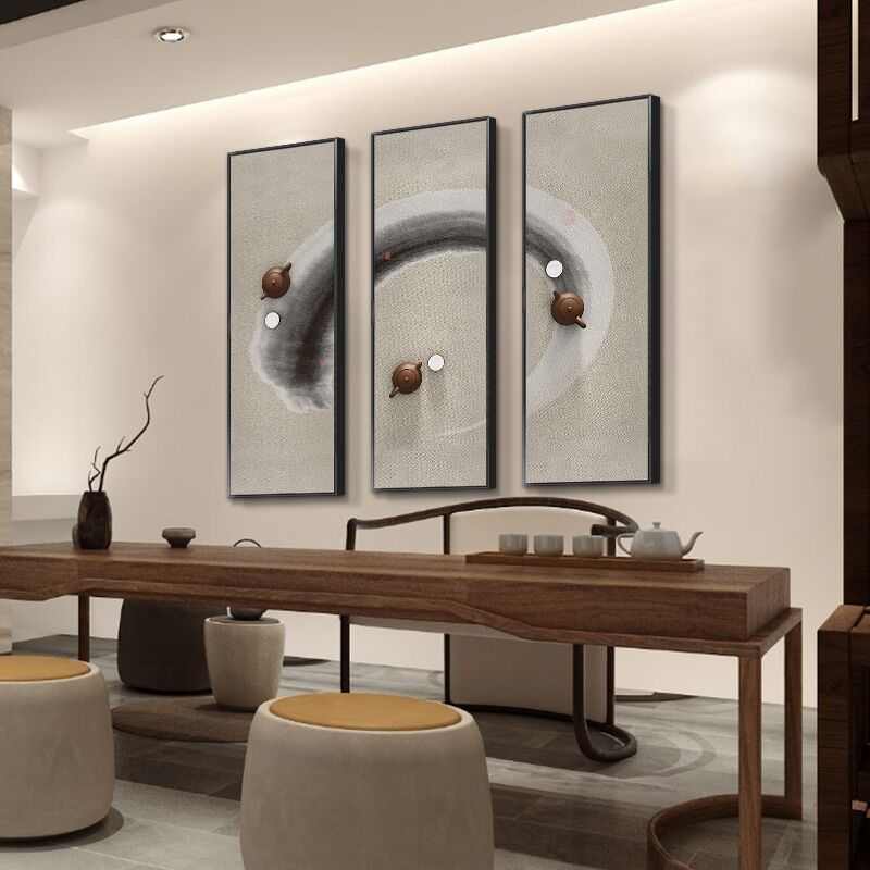 新中式客厅装饰画禅意水墨壁画茶室餐厅挂画玄关画背景墙面三联画