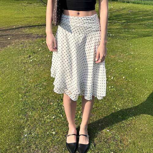Women's Polka Dot Print Frill Trim Fitted Midi Skirt Casual