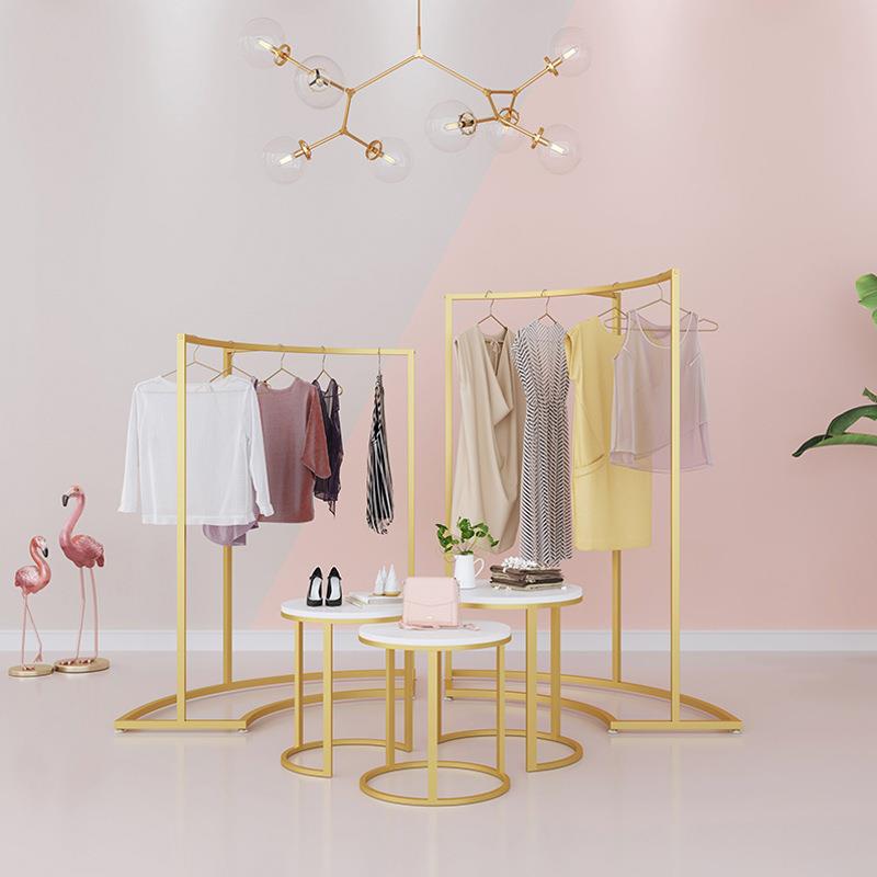 服装店流水台装饰橱窗展示架金色简约中岛式展示柜台高低置物货架