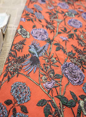 橙色鲜艳花鸟风景图撞色面料复古油画感女装春秋花束包花装饰布料