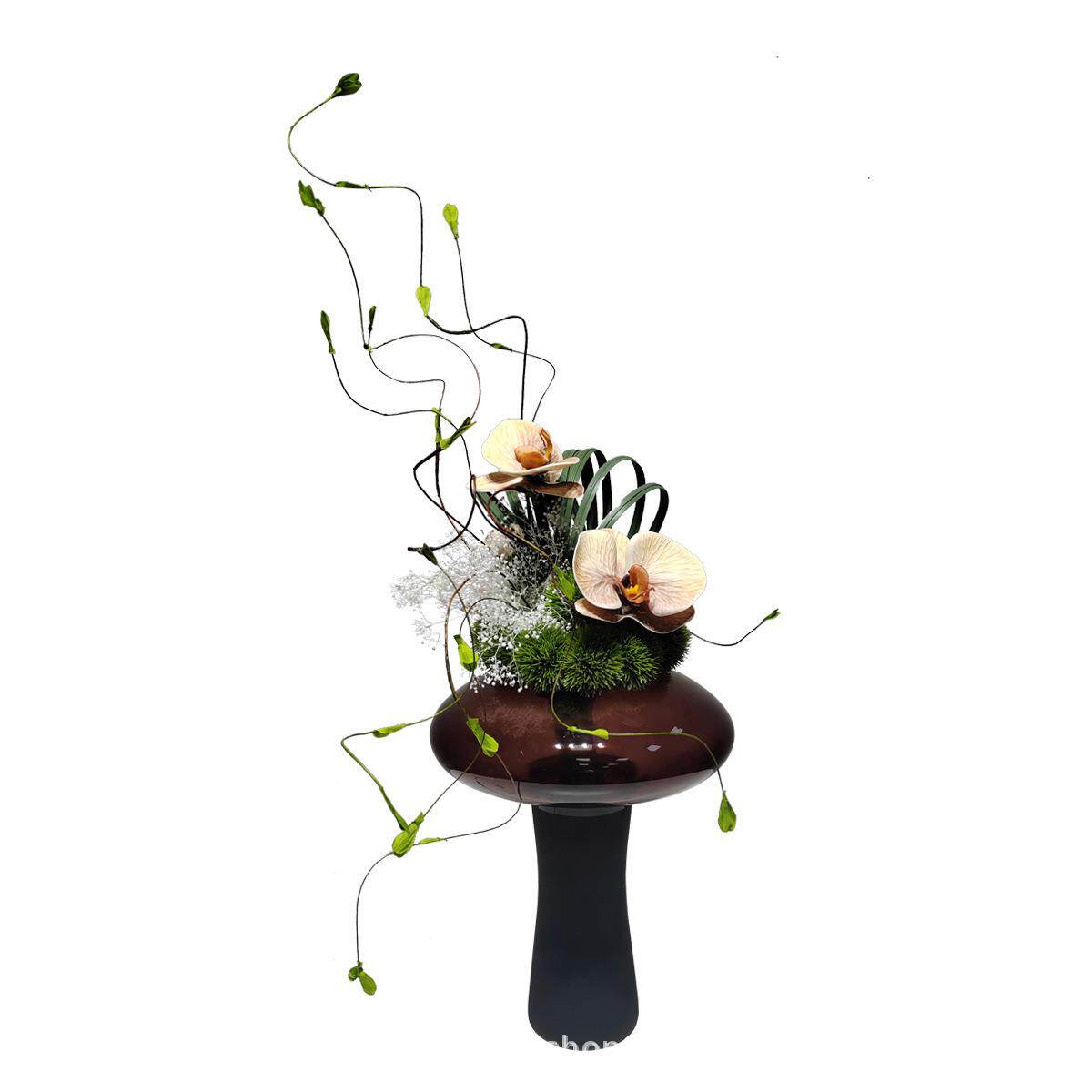 现代茶色圆形玻璃花瓶仿真花艺摆件客厅花束插花器样板房间装饰品