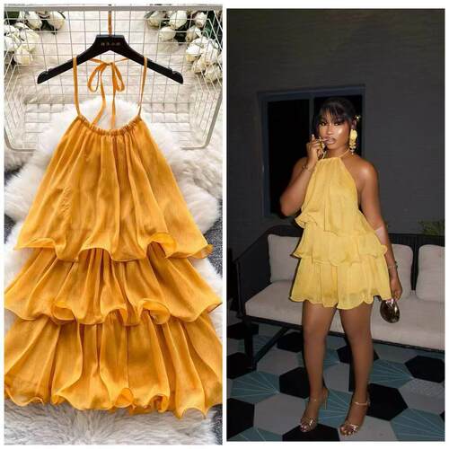 Yellow dress with female atmosphere, hanging neck strap,