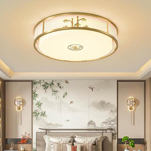 新款现代新中式led吸顶灯圆形古全铜客厅卧室书房简约中国风灯