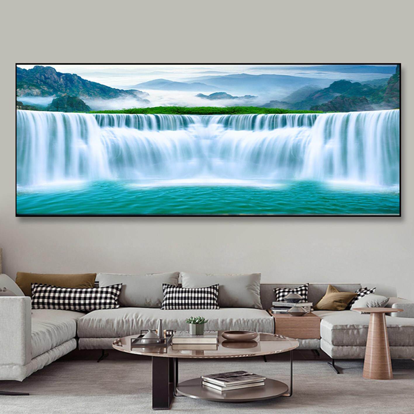 轻奢晶瓷山水画海上沙发壁画客厅风景装饰画瀑布高端挂画背景墙