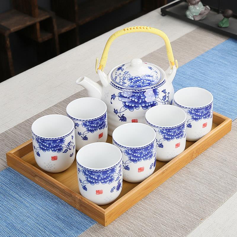 大号复古青花提梁壶茶具套装家用陶瓷泡茶壶茶杯功夫一套简约6杯