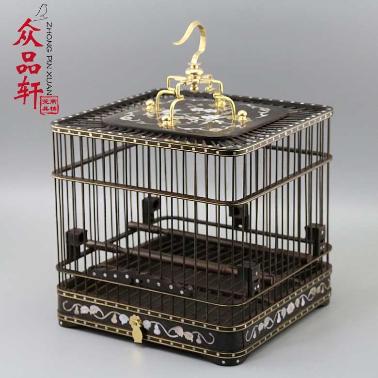 红木乌木紫光檀木螺钿镶嵌双底抽屉红子贝子绣眼方形鸟笼包邮