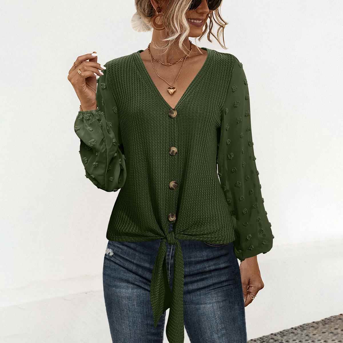 stitching V-neck knotted jacquard sweater button Womens
