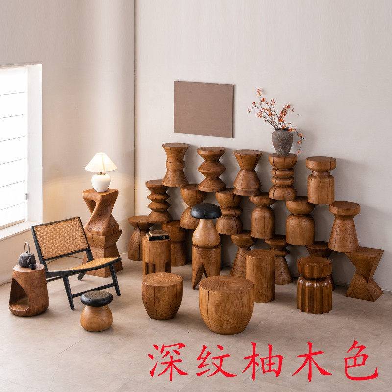 实木墩子原木茶几边几民宿床头柜深纹摆件侘寂风根雕换鞋凳矮凳子