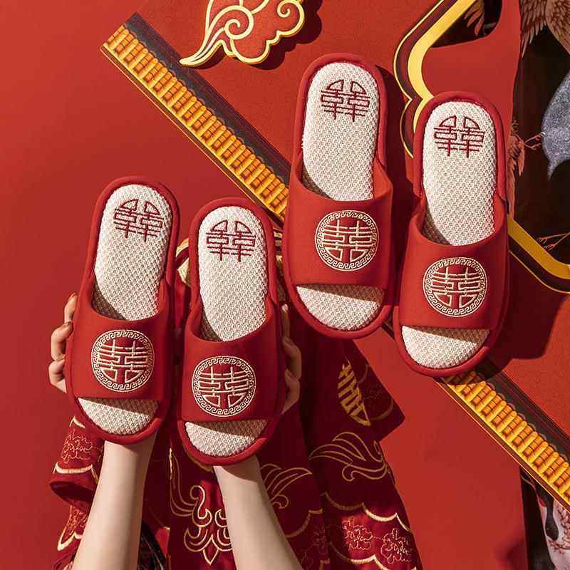 结婚亚麻拖鞋情侣春夏室内地板喜庆一对陪嫁新款简约新婚四季