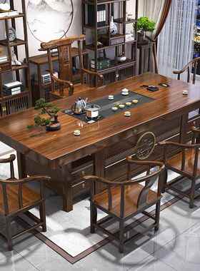大板茶桌椅合一桌五椅办室实木茶几储MYL物新组客厅公家用中式泡