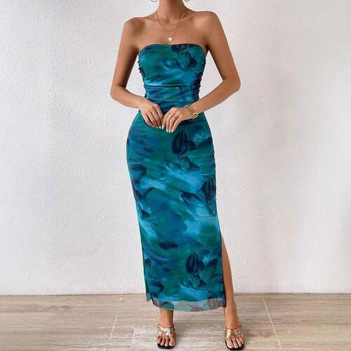 Spring Mesh Floral Strapless Bodycon Maxi Dress Ruched Tube