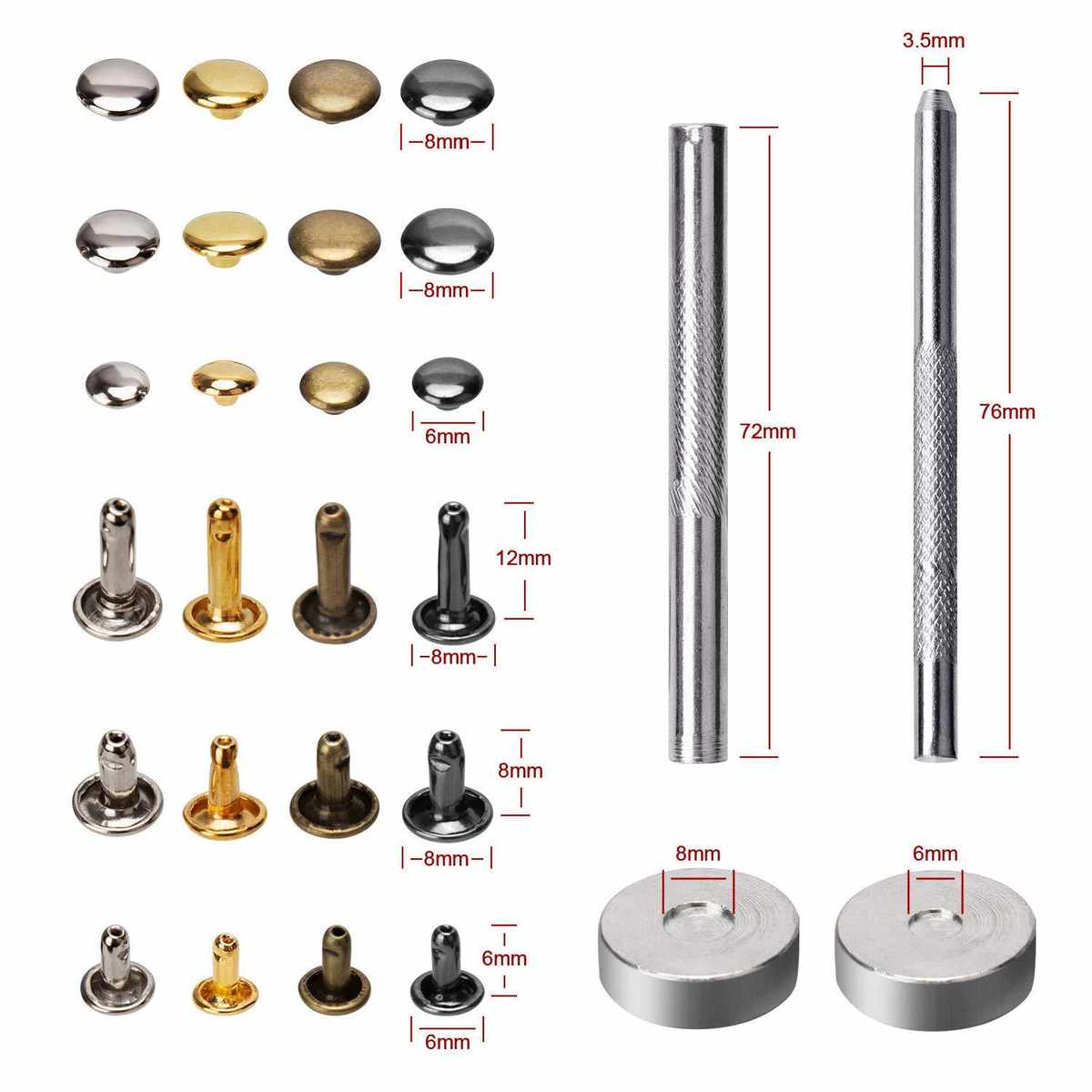 盒装240套双面铆钉配4件安装工具供跨境 皮具鞋帽服饰6mm8mm撞钉