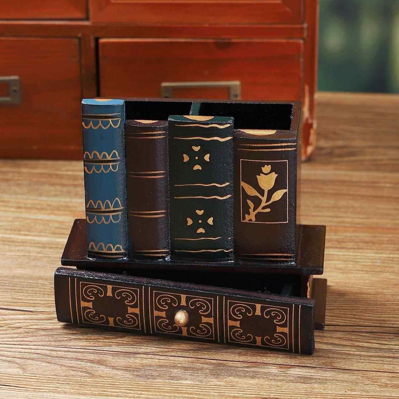 跨境欧式复古笔筒摆件文具收纳盒办公室桌面装饰品笔盒木质工艺品