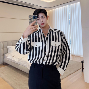 高级感网红博主黑白条纹衬衫男长袖韩版气质垂感休闲衬衣发型师潮