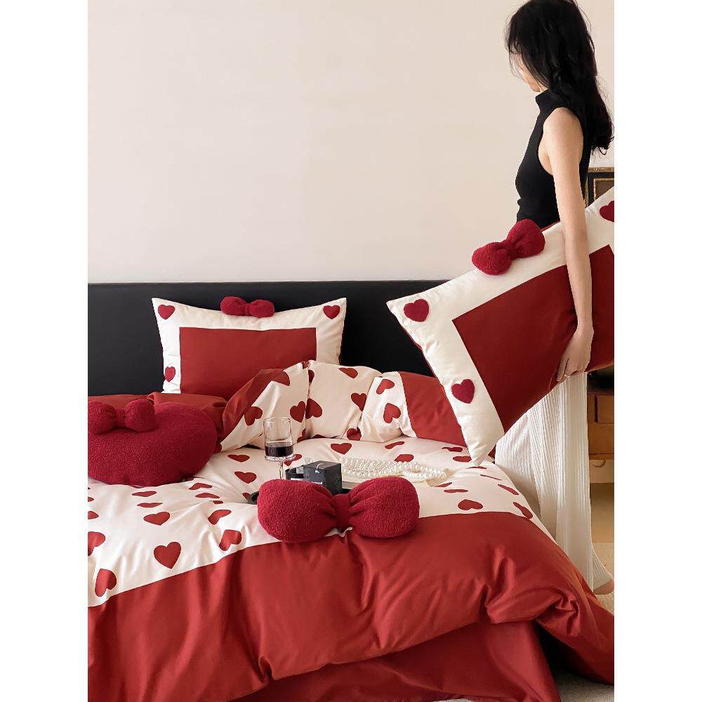高支档10品0长绒棉小清新结婚庆XN套四件新婚嫁红色床单被套床双