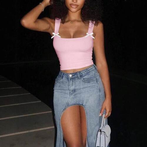 Womens Bow Decor Crop Tank Top Fashion Solid Color