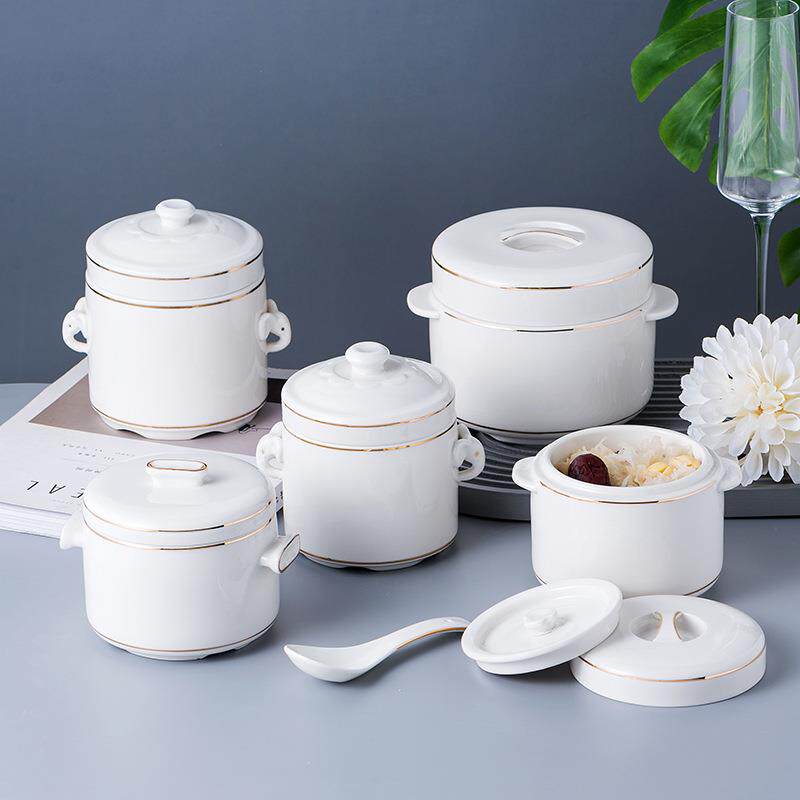 隔水陶瓷炖盅双盖燕窝鱼翅盅双盖骨瓷纯白圆形高档描金线炖汤煲罐