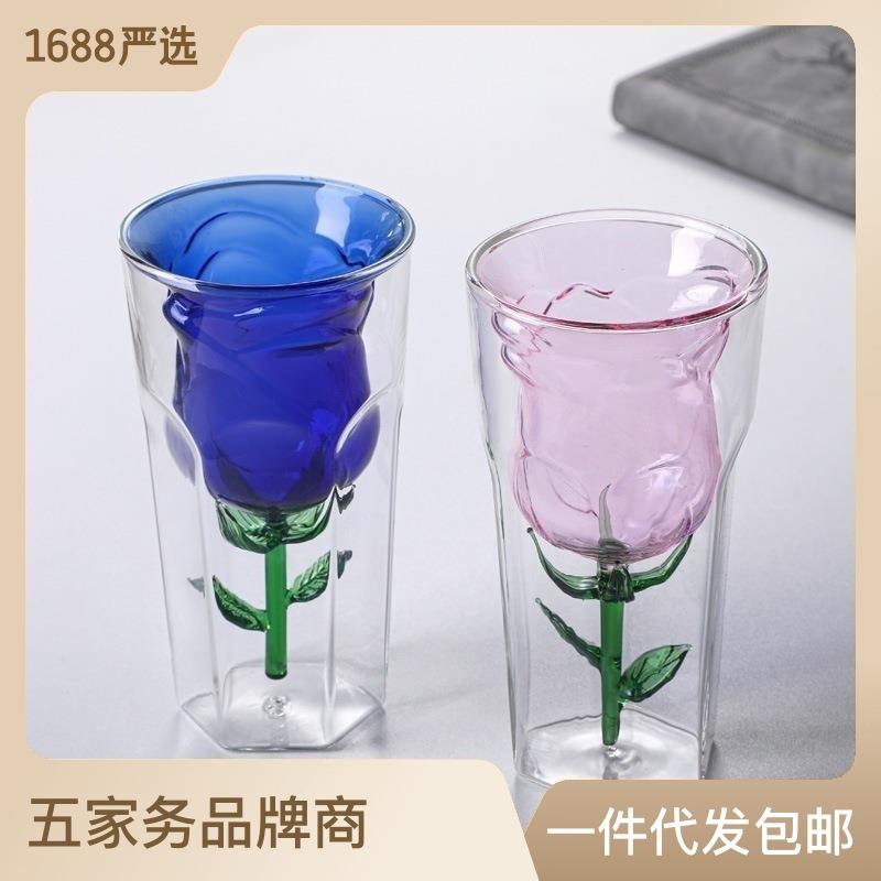 新款双层玫瑰花玻璃杯 粉色内胆红酒杯咖啡果汁杯厂家现货