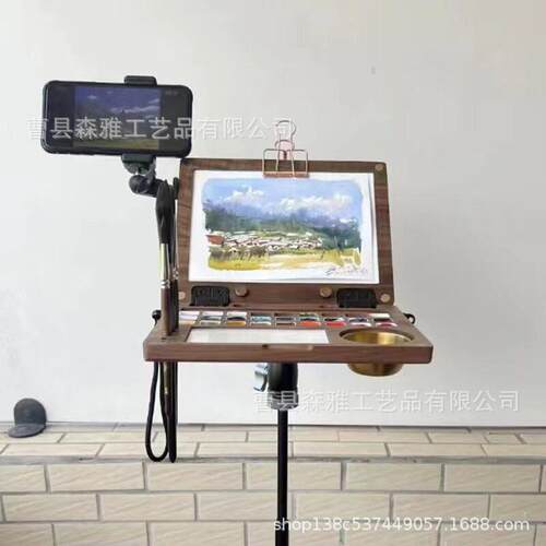 现货胡桃木调色板收纳盒翻盖式油漆画画盒户外木制绘画板颜料盒子